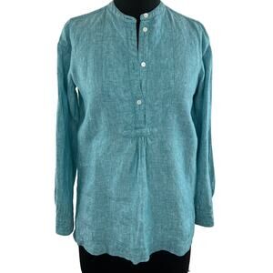 J Crew Baird McNutt Irish Linen Turquoise Blue Long Sleeves Popover Top Size 0